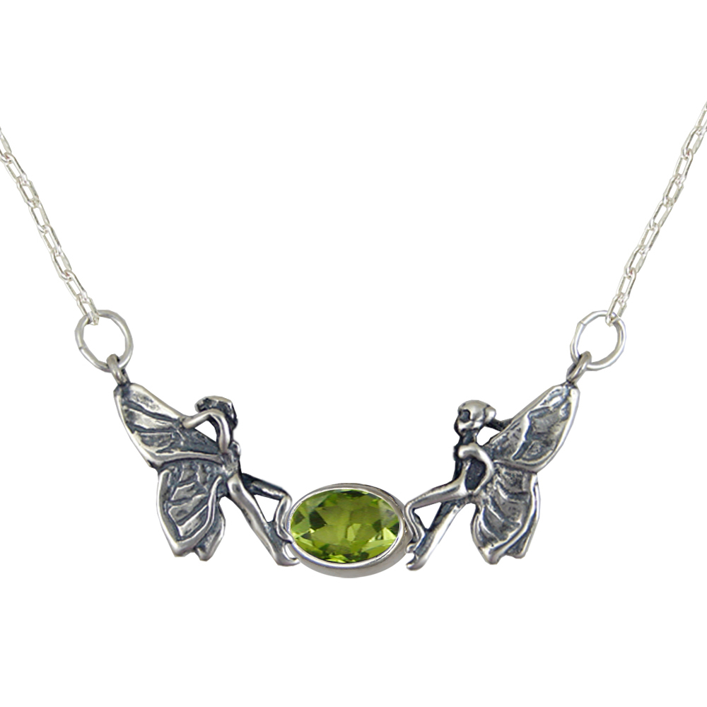 Sterling Silver Pair of Fairies Necklace With Peridot